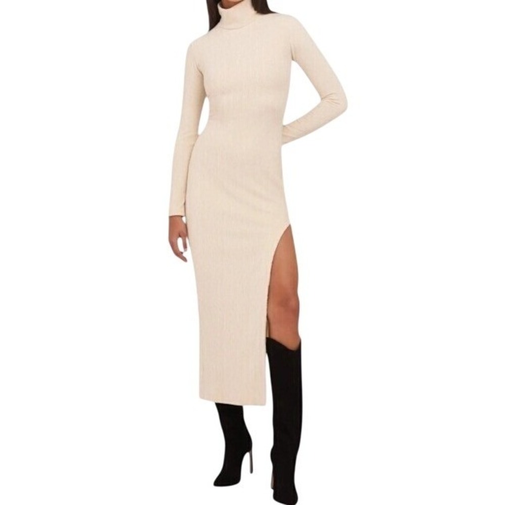 Amanda Uprichard Secora Midi/Maxi Dress XS Ivory Plisse Mock Neck Slit Elegant